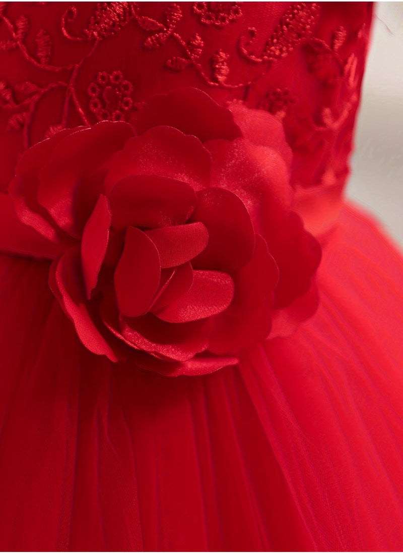 Embroidery Mesh Splicing Princess Dress Flower Decor Cap Sleeve Gown, Toddler Girl's Clothing For Formal Occasion Birthday Party Eid Festival Photography Banquet (Red)