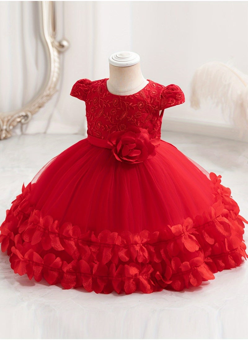 Embroidery Mesh Splicing Princess Dress Flower Decor Cap Sleeve Gown, Toddler Girl's Clothing For Formal Occasion Birthday Party Eid Festival Photography Banquet (Red)