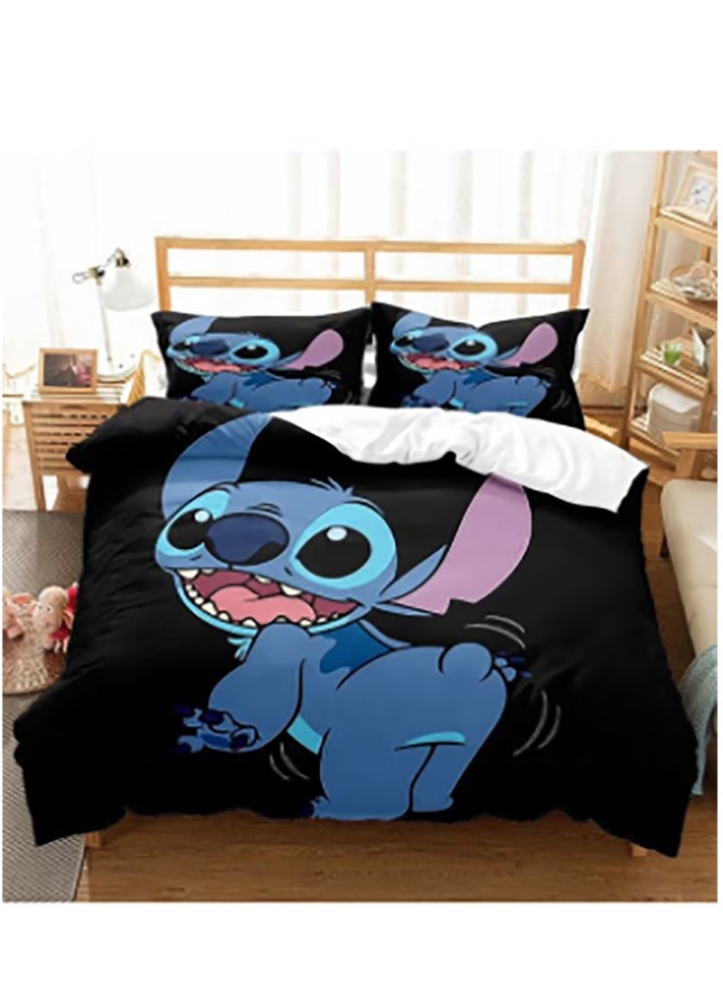 Cartoon Stitch pattern bedding three-piece set with soft microfiber polyester sheets including cover and two pillowcases