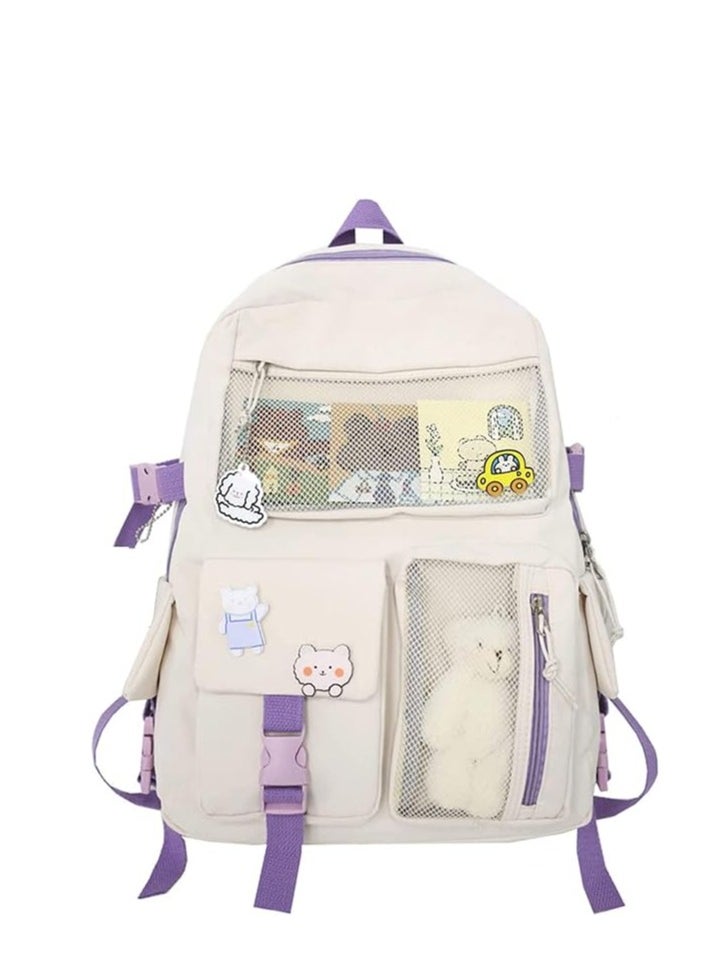 Cute Large White Backpack with Plush Pendant and Pin Accessories