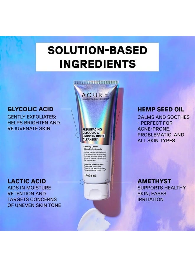 Resurfacing Glycolic & Unicorn Root Cleanser- Gentle Daily Exfoliation Cleansing Cream - Brightening & Hydrating Face Wash - for All Skin Type 4 Fl Oz