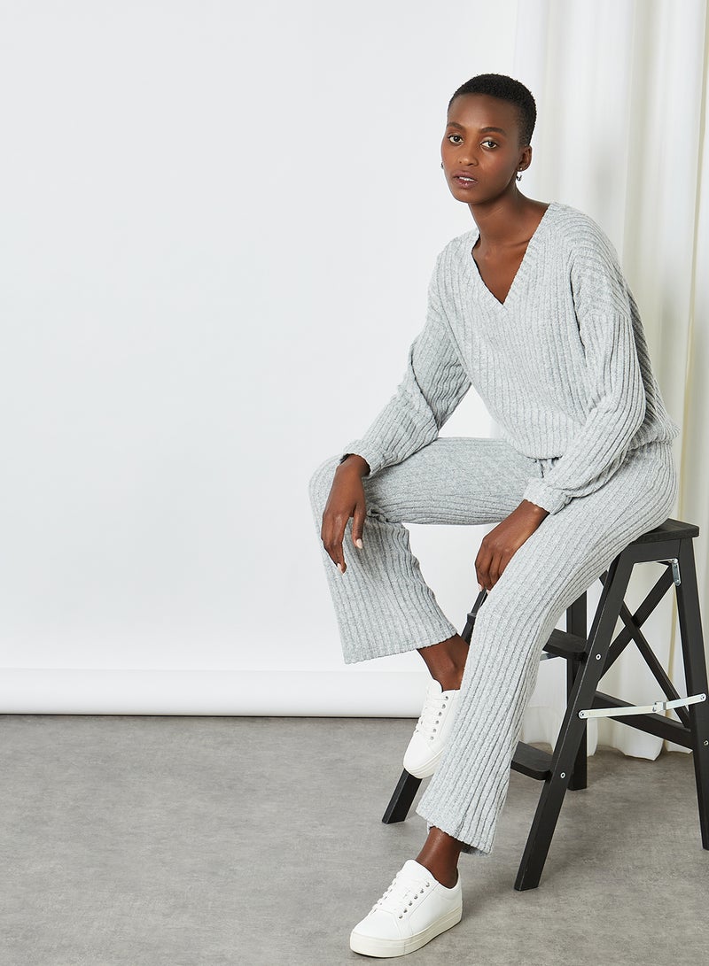 Wide Fit Rib Pants Light Grey Melange