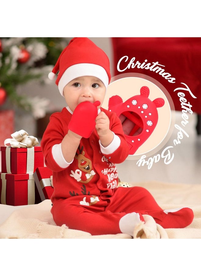 Christmas Baby Teething Toys, Anti-Drop Teething Mitten for 3-6 Months, Easy-Grip Hand Teethers for Babies 6-12 Months, Silicone Teething Glove for Infants Boys Girls Soothing Teething Relief Red