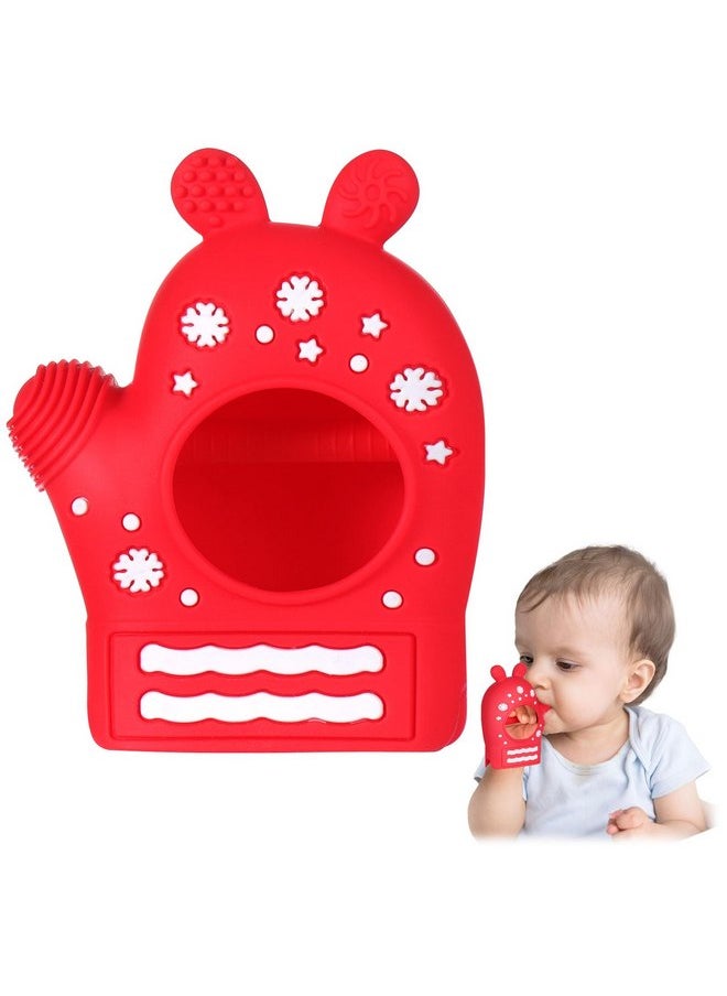 Christmas Baby Teething Toys, Anti-Drop Teething Mitten for 3-6 Months, Easy-Grip Hand Teethers for Babies 6-12 Months, Silicone Teething Glove for Infants Boys Girls Soothing Teething Relief Red