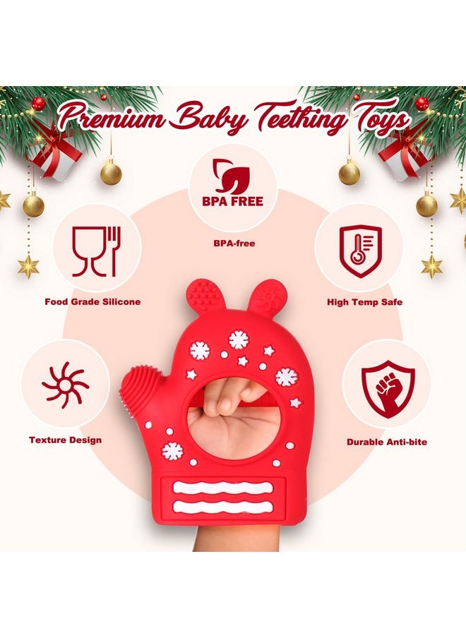Christmas Baby Teething Toys, Anti-Drop Teething Mitten for 3-6 Months, Easy-Grip Hand Teethers for Babies 6-12 Months, Silicone Teething Glove for Infants Boys Girls Soothing Teething Relief Red