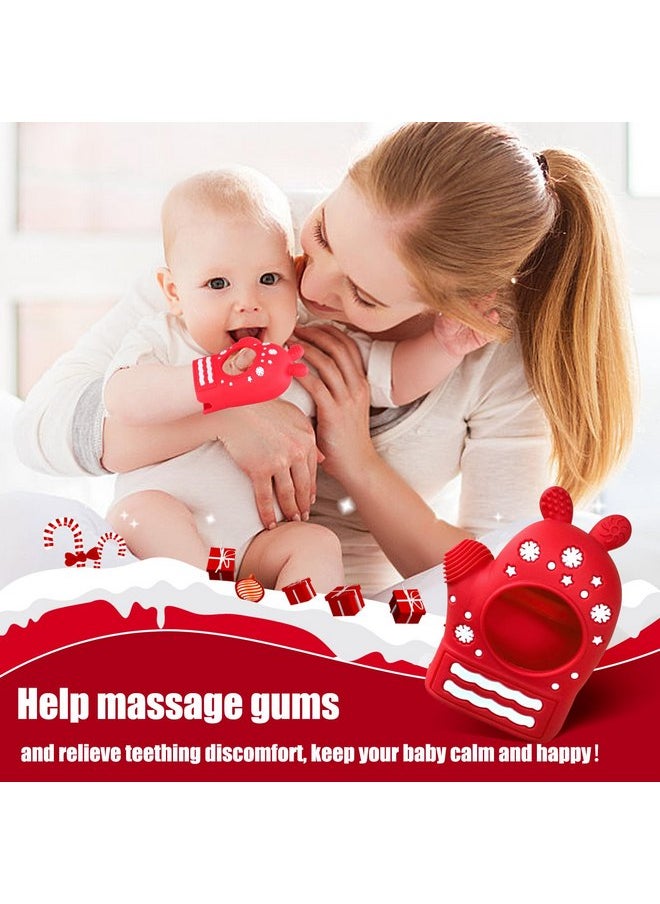 Christmas Baby Teething Toys, Anti-Drop Teething Mitten for 3-6 Months, Easy-Grip Hand Teethers for Babies 6-12 Months, Silicone Teething Glove for Infants Boys Girls Soothing Teething Relief Red