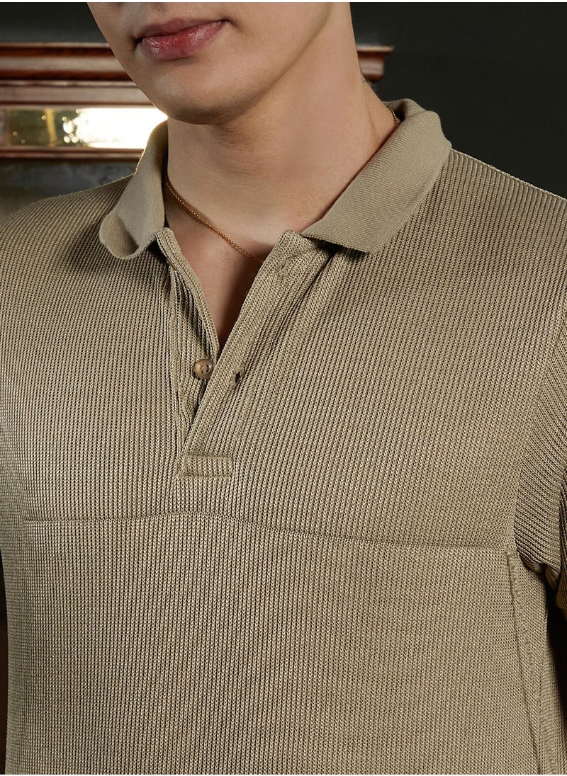 Men's Camel Beige Solid Ribbed Polo T-Shirt