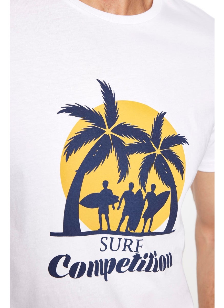 Men's Slim Fit Narrow Cut Cotton Soft Textured Printed White Crew Neck T-Shirt