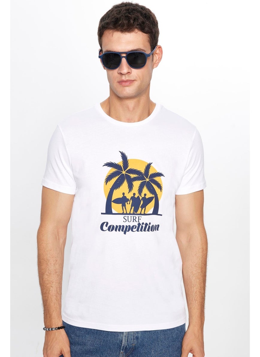 Men's Slim Fit Narrow Cut Cotton Soft Textured Printed White Crew Neck T-Shirt