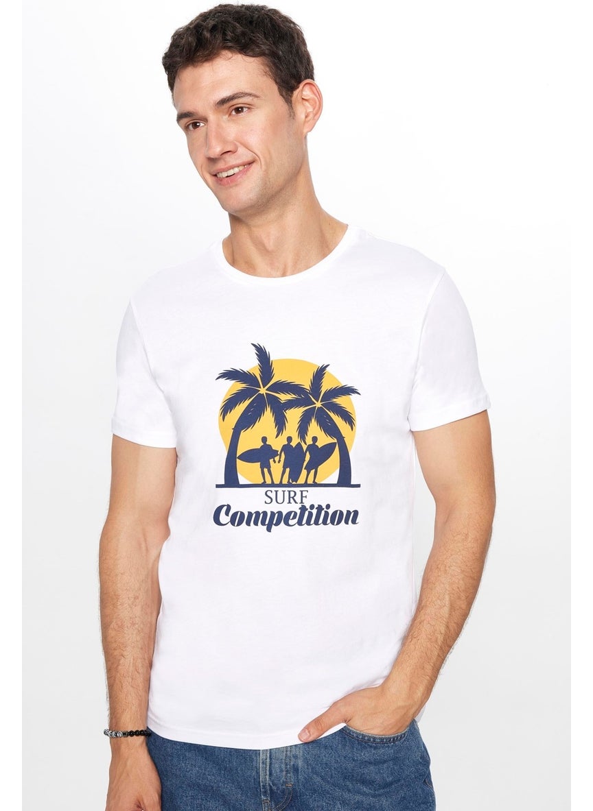 Men's Slim Fit Narrow Cut Cotton Soft Textured Printed White Crew Neck T-Shirt