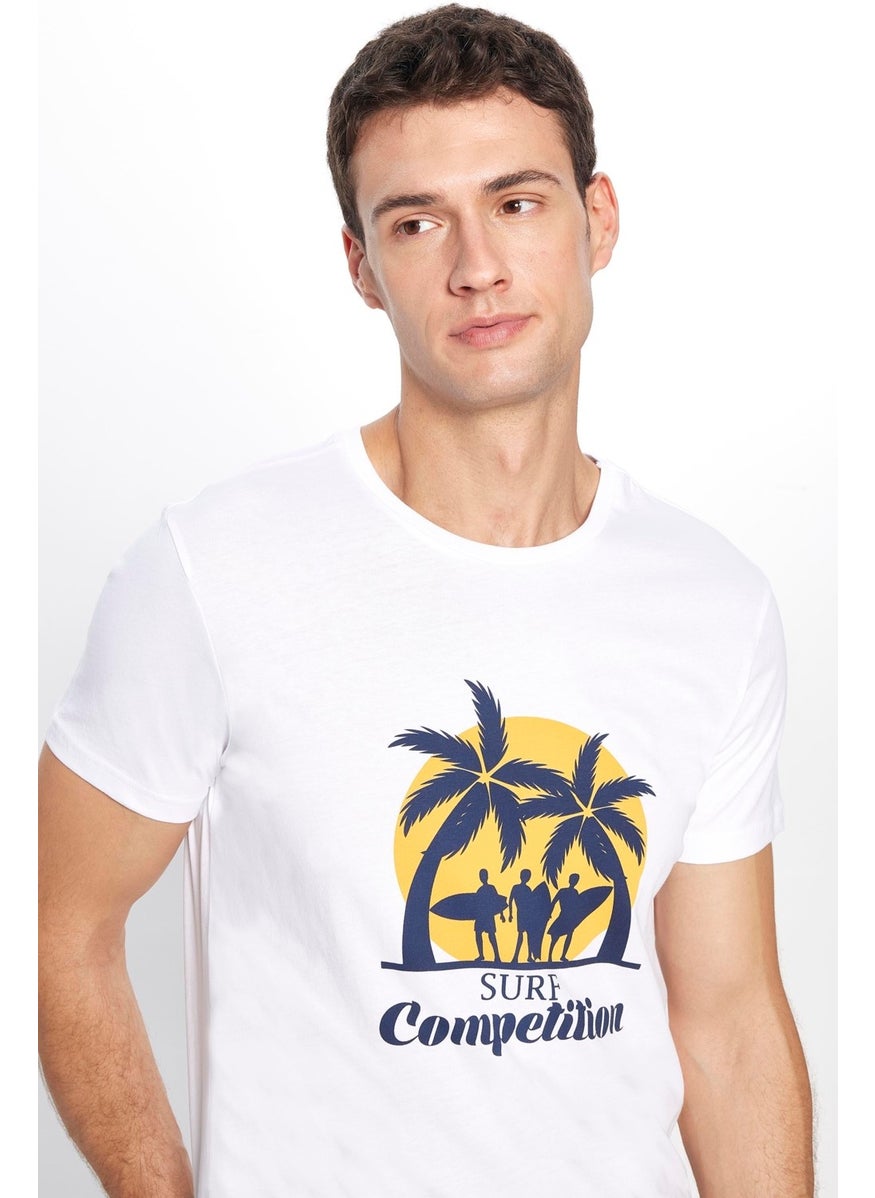 Men's Slim Fit Narrow Cut Cotton Soft Textured Printed White Crew Neck T-Shirt