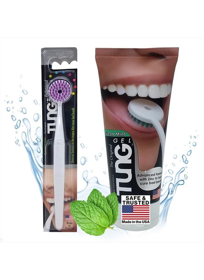 Tung Tongue Brush & Gel Kit | Tongue Cleaner for Adults | Tongue Scraper to Fight Bad Breath and Halitosis | Mouth Odor Eliminator | Fresh Mint | Made in America (Set of 1)