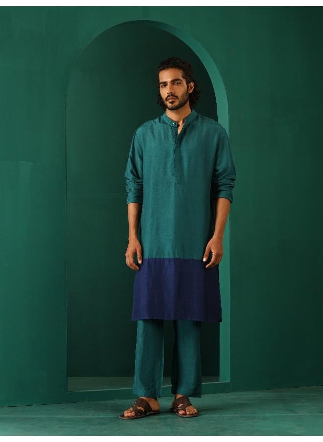 Men's Blue Color Block Silk Long Kurta
