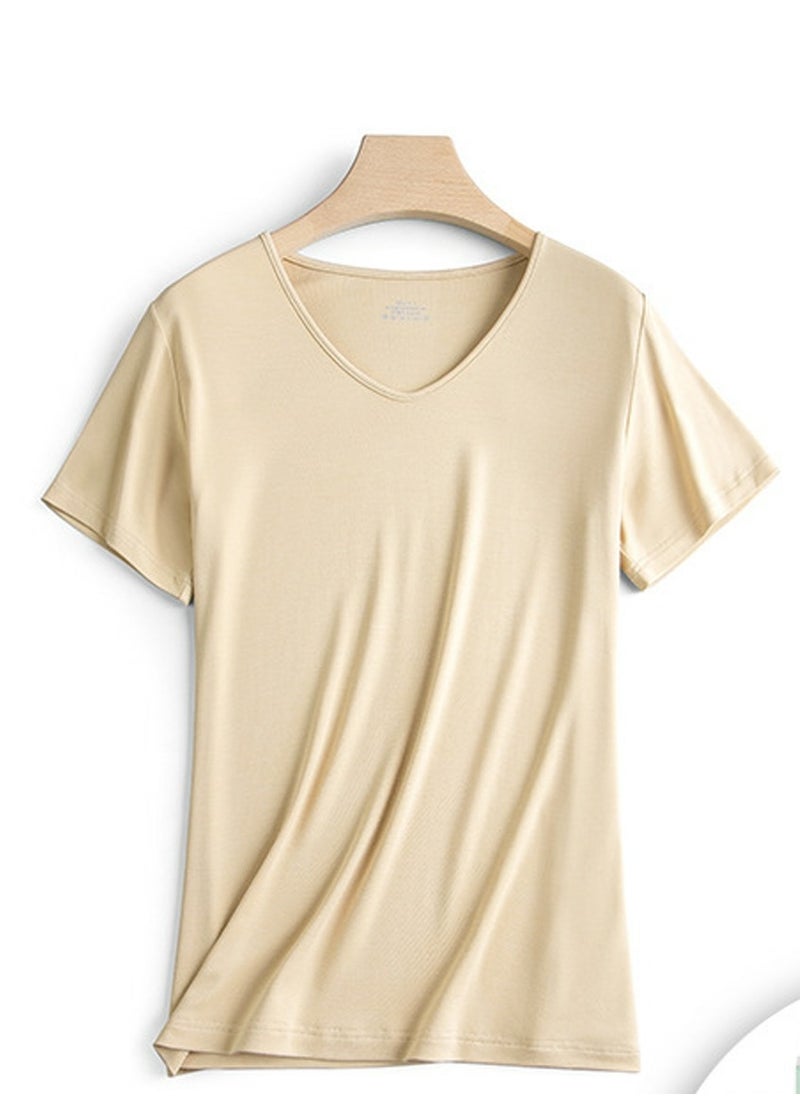 Women's Solid Color Classic Short Sleeve V-Neck Modal T-Shirt Beige