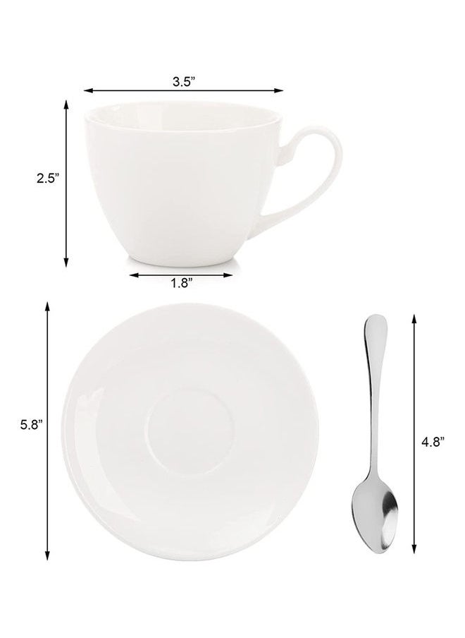Foraineam Espresso Cups With Saucers And Spoons 6 Oz White Tea Cup Set Porcelain Coffee Cup And Saucer Set With Stainless Steel Spoon For Specialty Coffee Drinks Latte Cafe Mocha And Tea Set Of 6