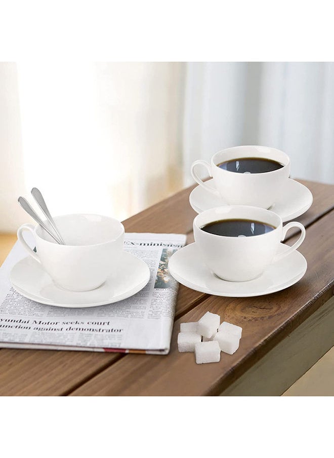 Foraineam Espresso Cups With Saucers And Spoons 6 Oz White Tea Cup Set Porcelain Coffee Cup And Saucer Set With Stainless Steel Spoon For Specialty Coffee Drinks Latte Cafe Mocha And Tea Set Of 6