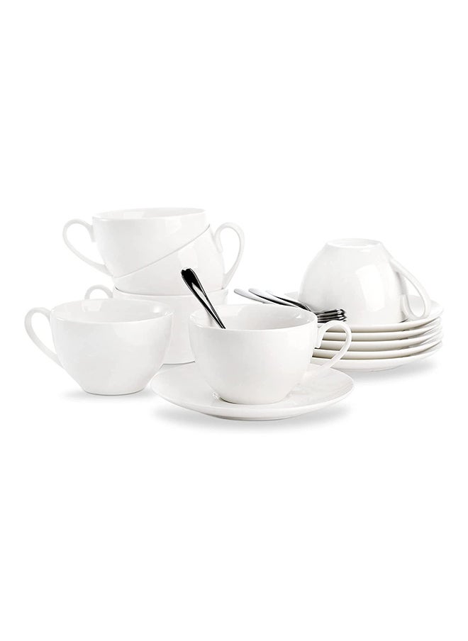 Foraineam Espresso Cups With Saucers And Spoons 6 Oz White Tea Cup Set Porcelain Coffee Cup And Saucer Set With Stainless Steel Spoon For Specialty Coffee Drinks Latte Cafe Mocha And Tea Set Of 6