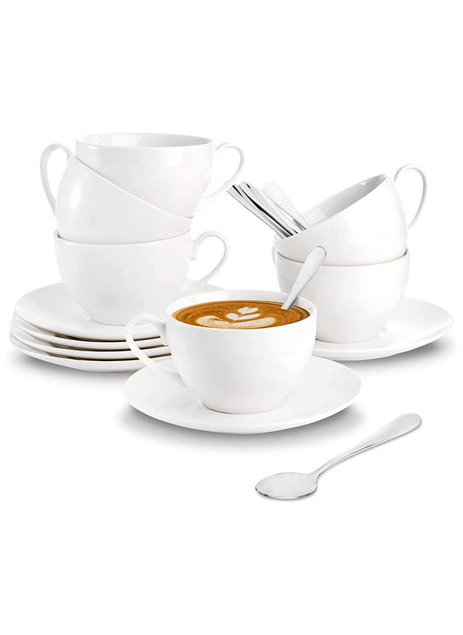 Foraineam Espresso Cups With Saucers And Spoons 6 Oz White Tea Cup Set Porcelain Coffee Cup And Saucer Set With Stainless Steel Spoon For Specialty Coffee Drinks Latte Cafe Mocha And Tea Set Of 6