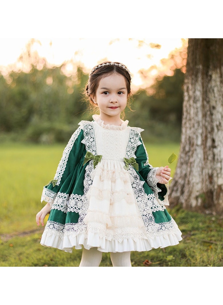 Girl's Velvet Lolita Fluffy Long Sleeve Dress White/Green