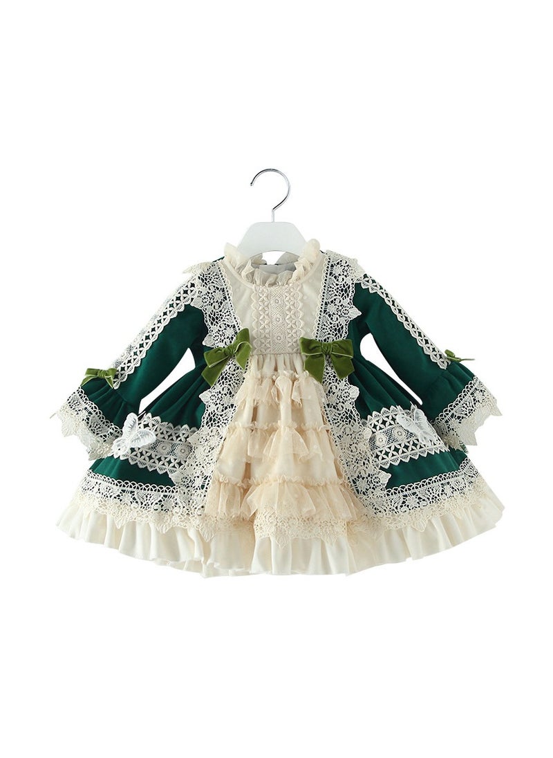 Girl's Velvet Lolita Fluffy Long Sleeve Dress White/Green
