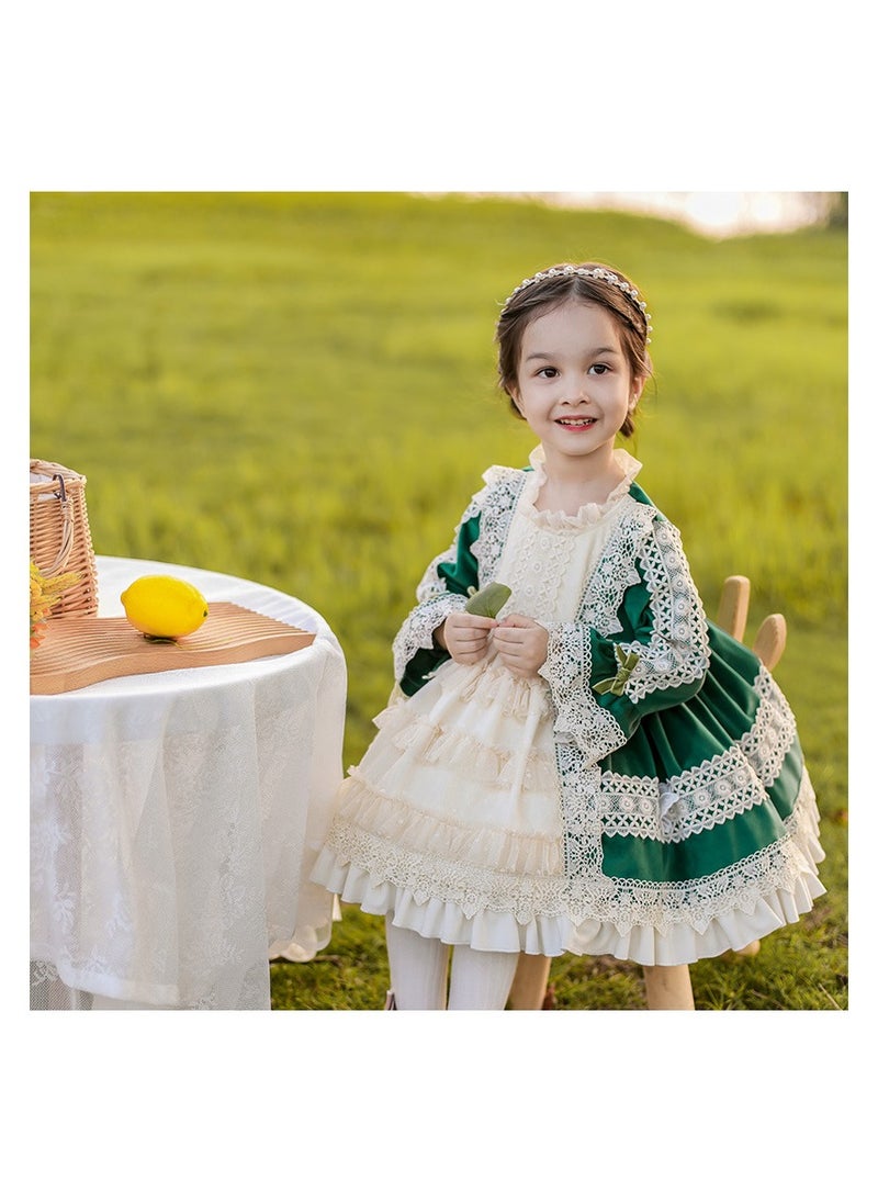 Girl's Velvet Lolita Fluffy Long Sleeve Dress White/Green