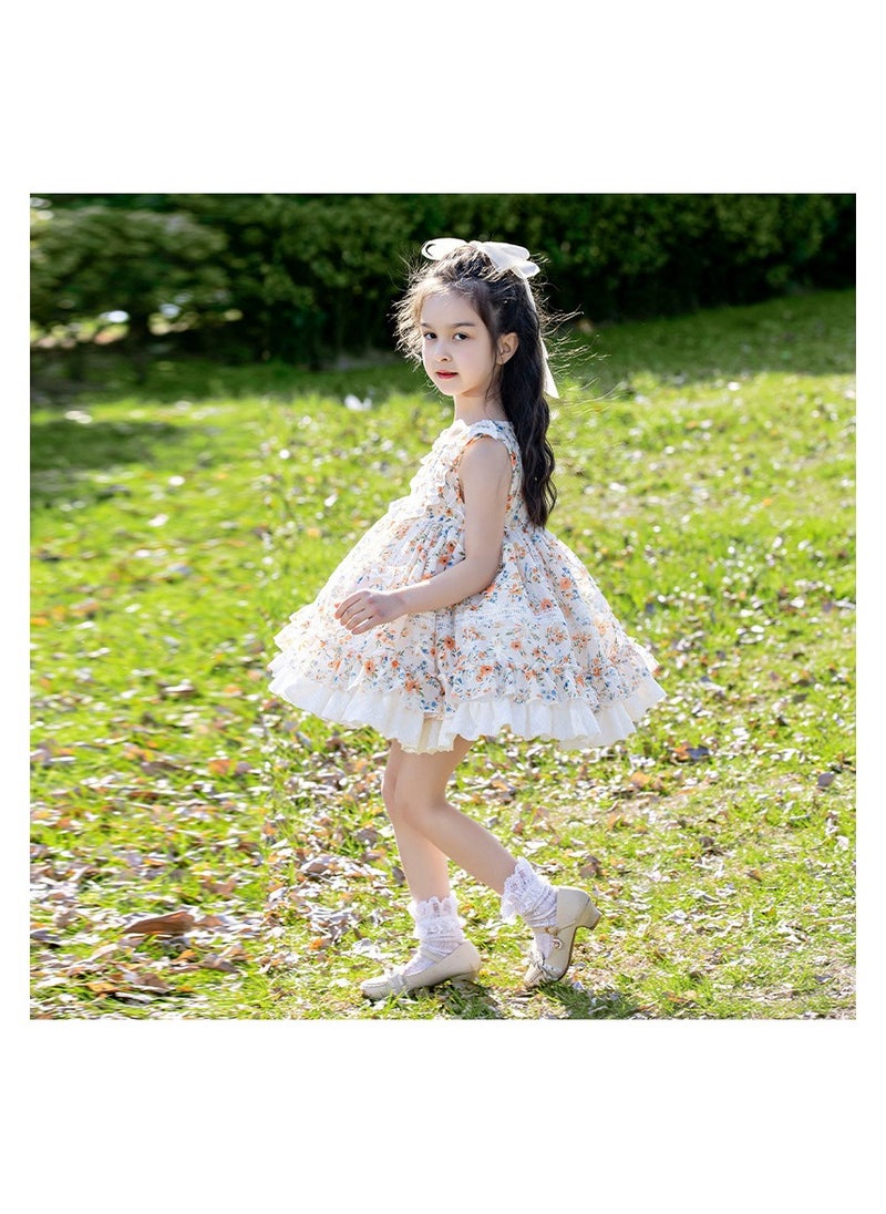 Girl's Vest floral embroidery Lolita Fluffy Sleeveless Dress White/Pink