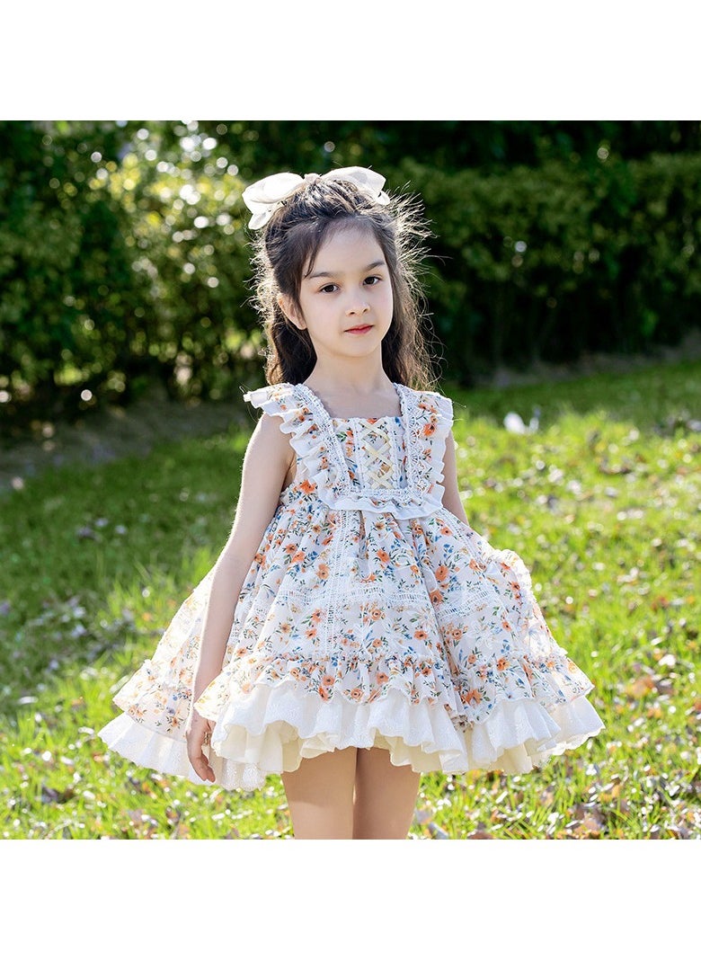 Girl's Vest floral embroidery Lolita Fluffy Sleeveless Dress White/Pink