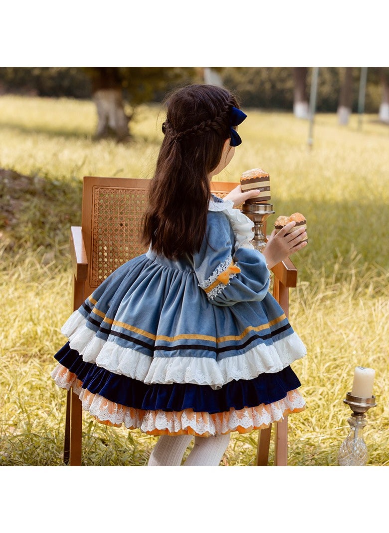 Girl's  Lolita Fluffy Long Sleeve Velvet Dress Blue/White