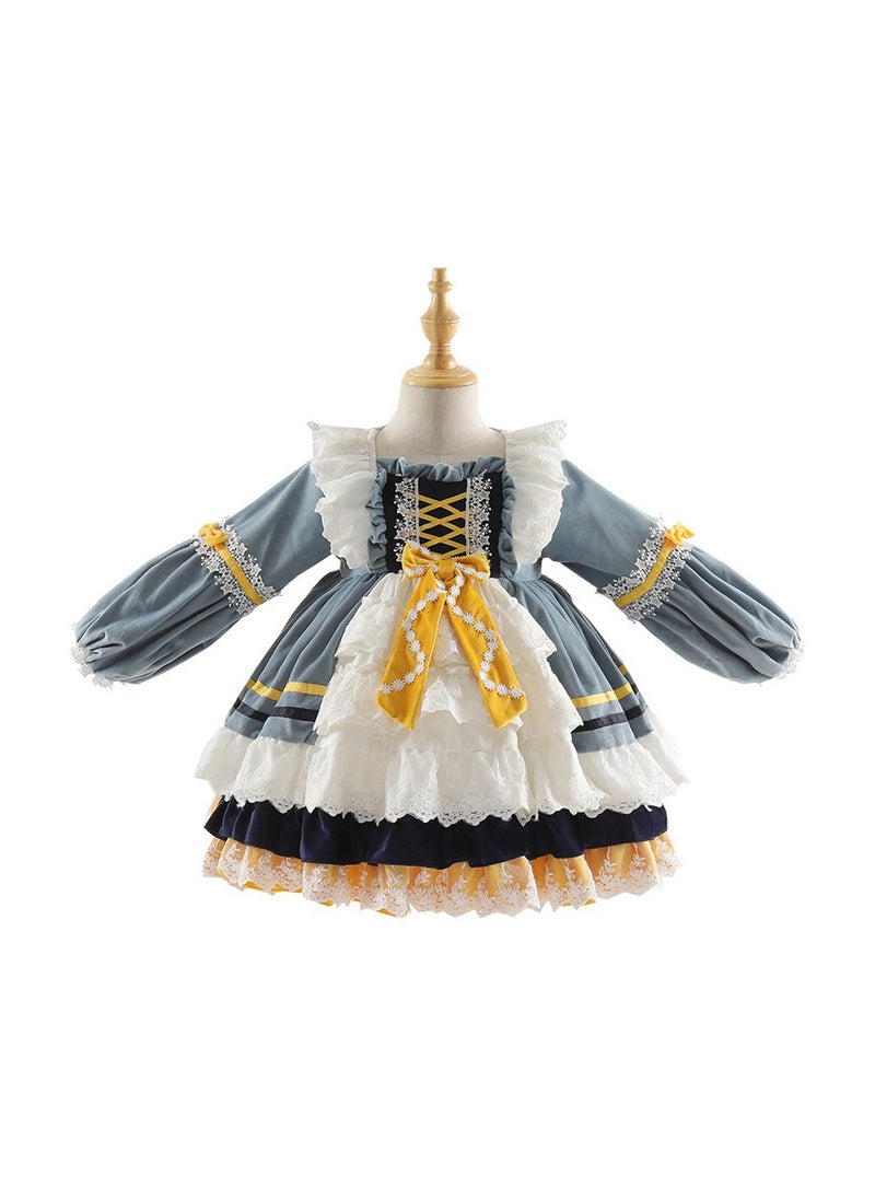 Girl's  Lolita Fluffy Long Sleeve Velvet Dress Blue/White