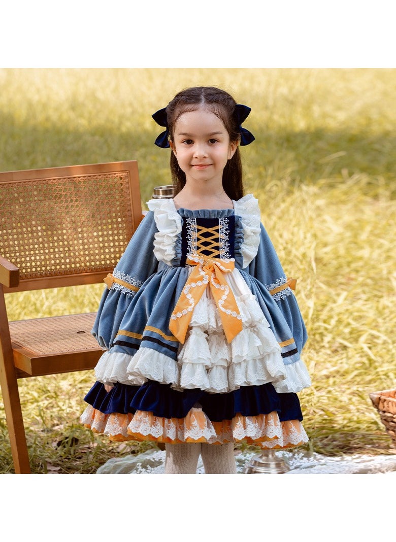 Girl's  Lolita Fluffy Long Sleeve Velvet Dress Blue/White