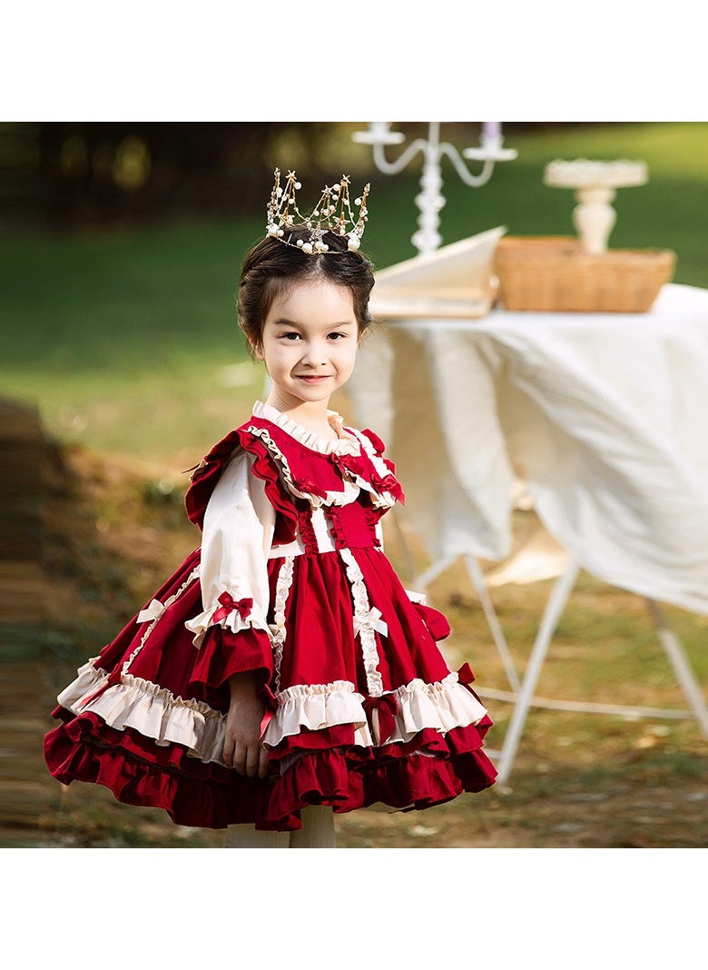 Girl's Lolita Fluffy Long Sleeve Dress Red/White