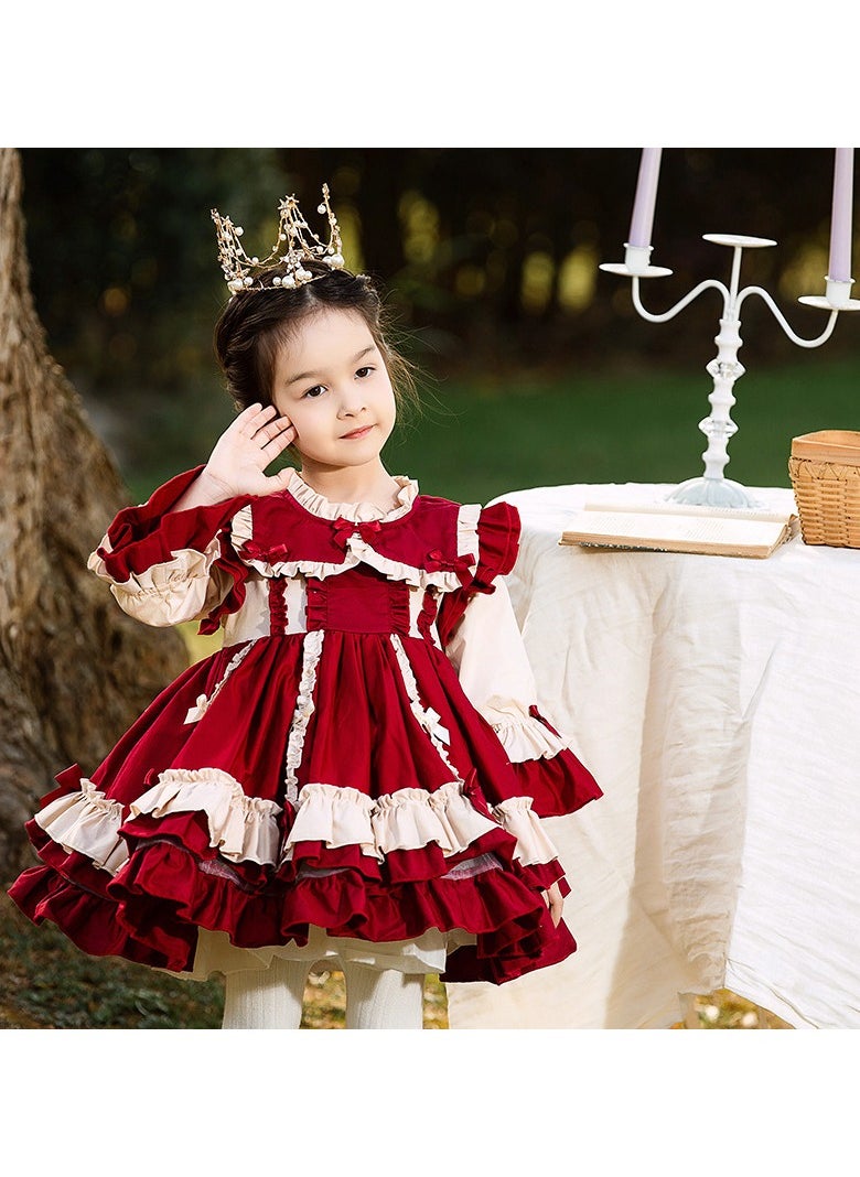 Girl's Lolita Fluffy Long Sleeve Dress Red/White