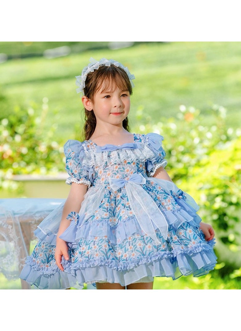 Girl's Lolita Fluffy Short Sleeve Floral Dress Blue/White