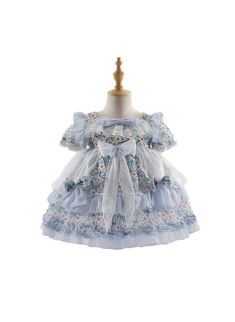 Girl's Lolita Fluffy Short Sleeve Floral Dress Blue/White