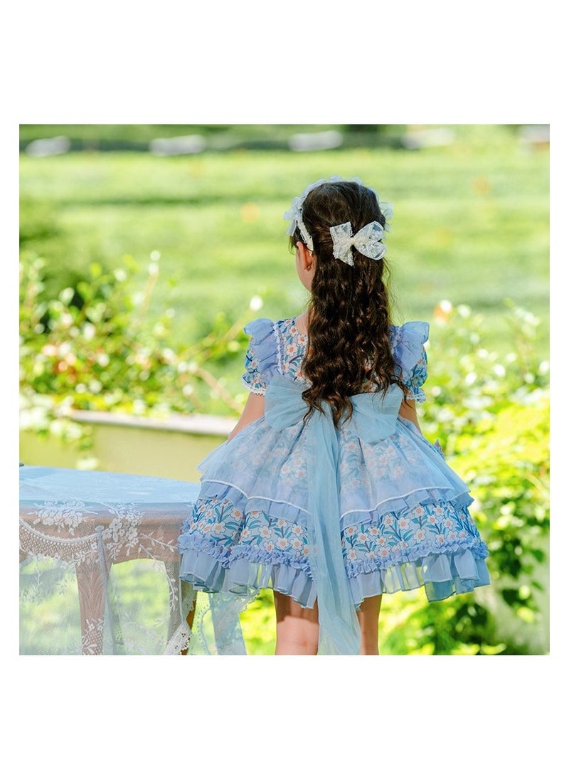 Girl's Lolita Fluffy Short Sleeve Floral Dress Blue/White