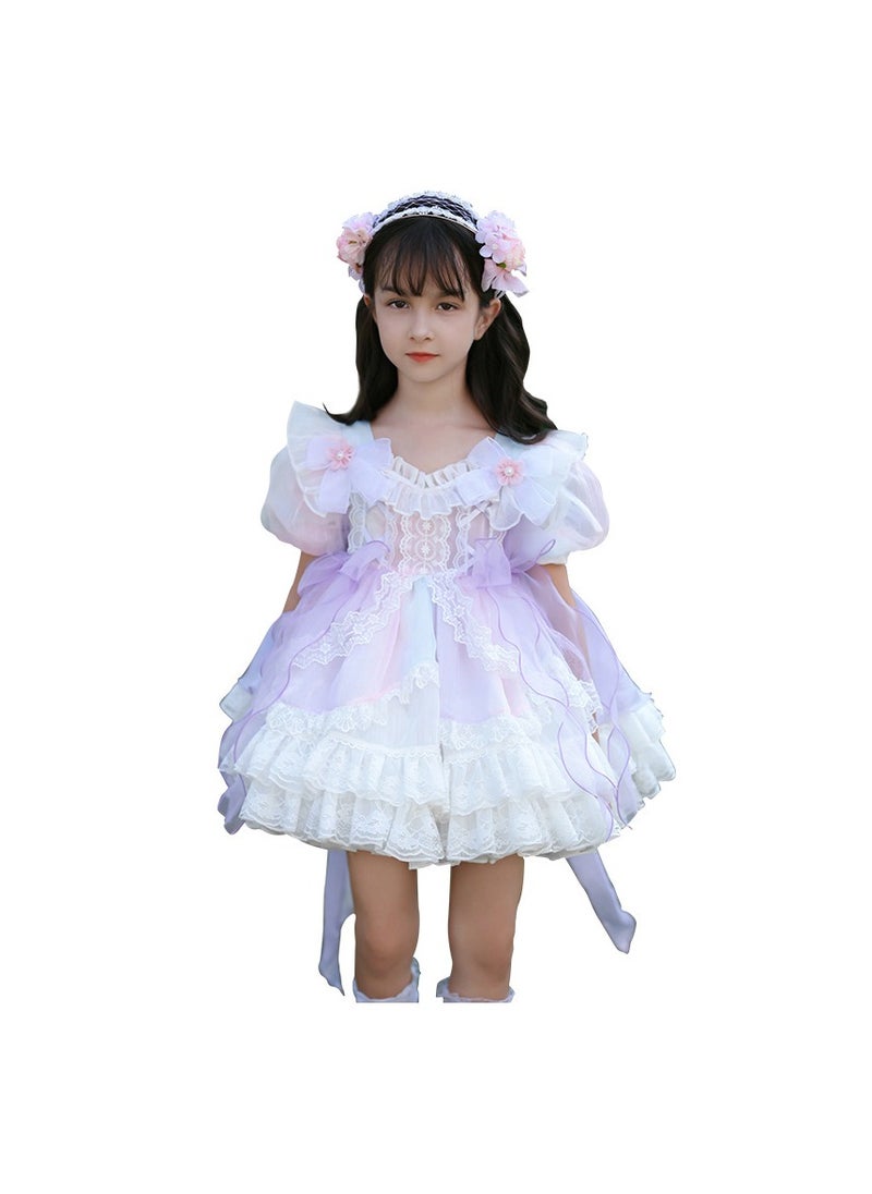 Girl's Lolita Fluffy Short Sleeve Dress Purple/White/Pink