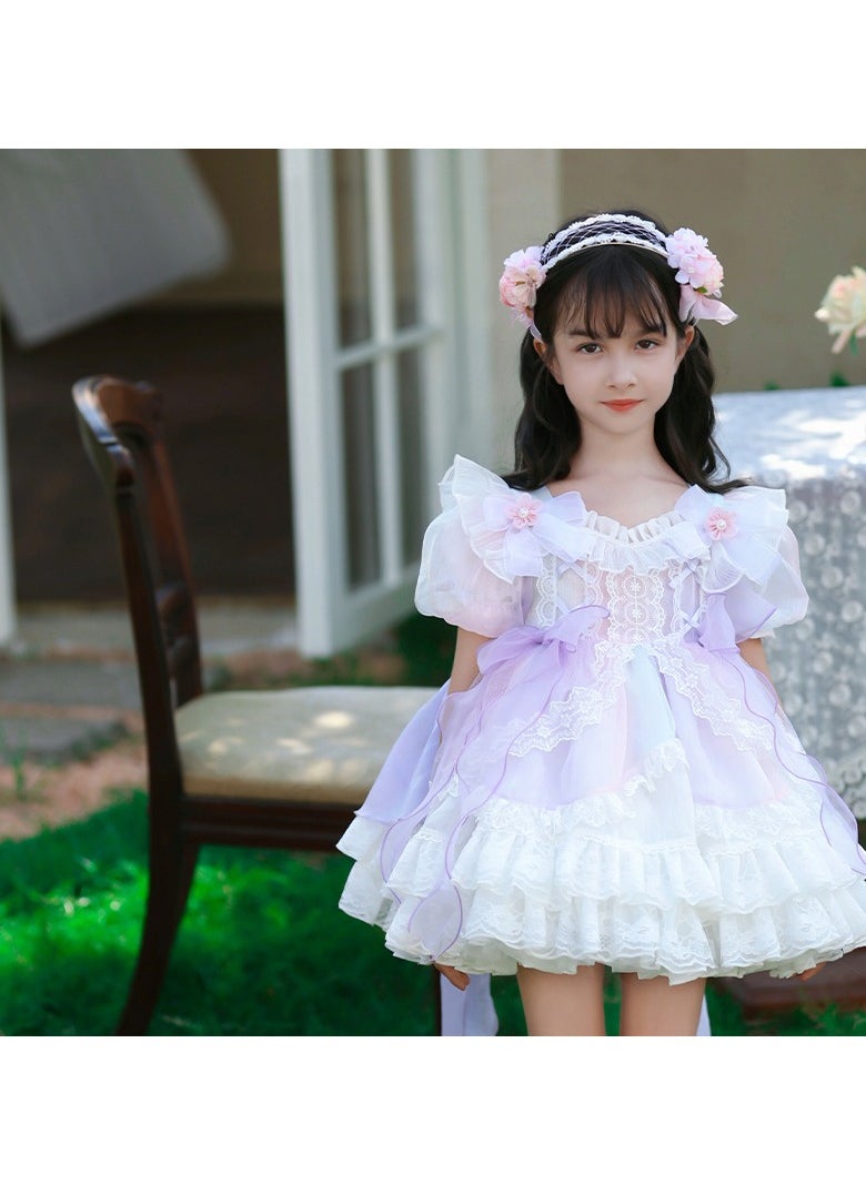 Girl's Lolita Fluffy Short Sleeve Dress Purple/White/Pink