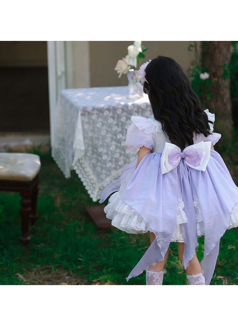 Girl's Lolita Fluffy Short Sleeve Dress Purple/White/Pink