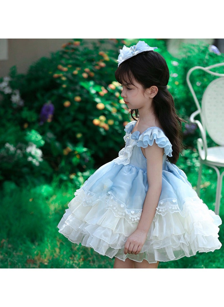 Girl's Lolita Fluffy Sleeveless Vest Dress Blue/White