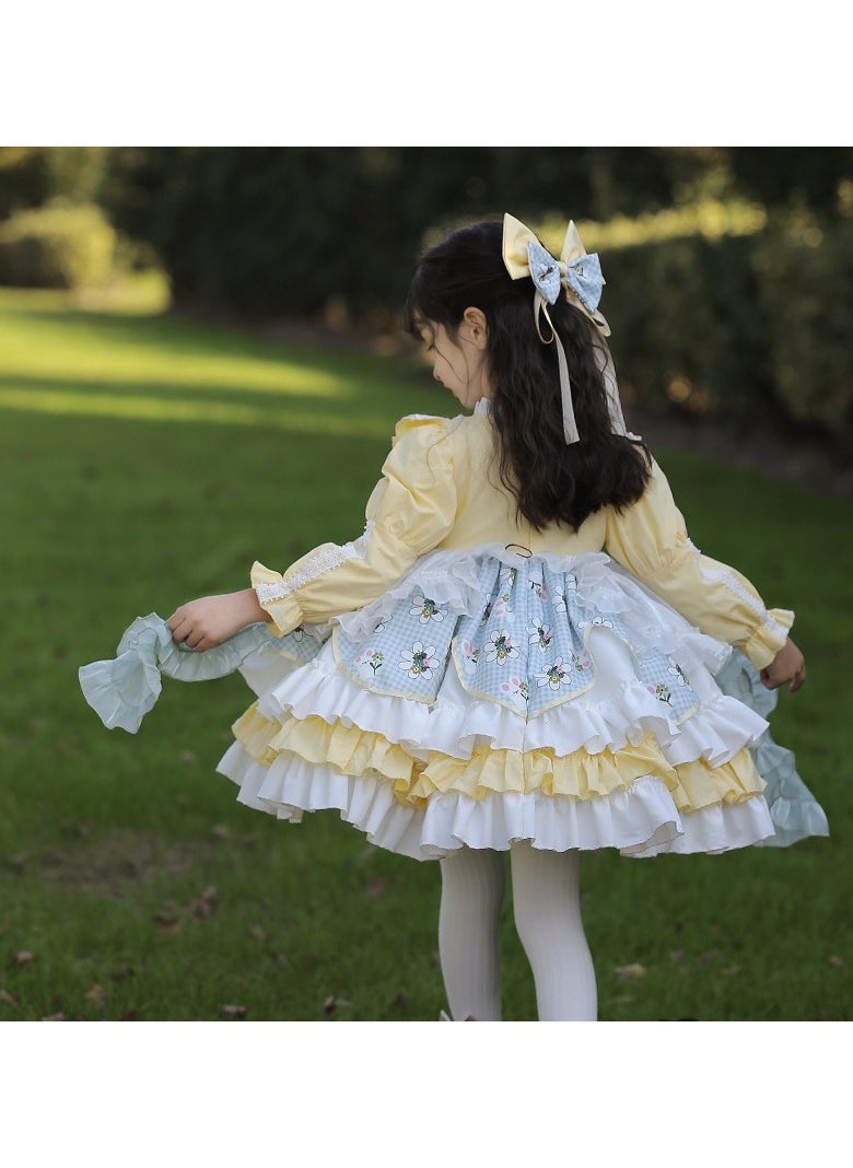 Girl's Lolita Fluffy Long Sleeve Dress Sending Hair Accessories Yellow/White
