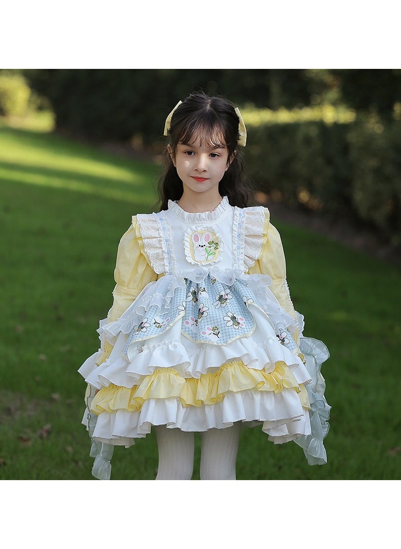 Girl's Lolita Fluffy Long Sleeve Dress Sending Hair Accessories Yellow/White