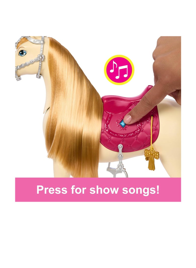 Toy Horse with Sounds, Music and Accessories Inspired by Barbie The Mysterious Horse Adventure Horse Can Move, Dance and Blink Eyes HXJ42