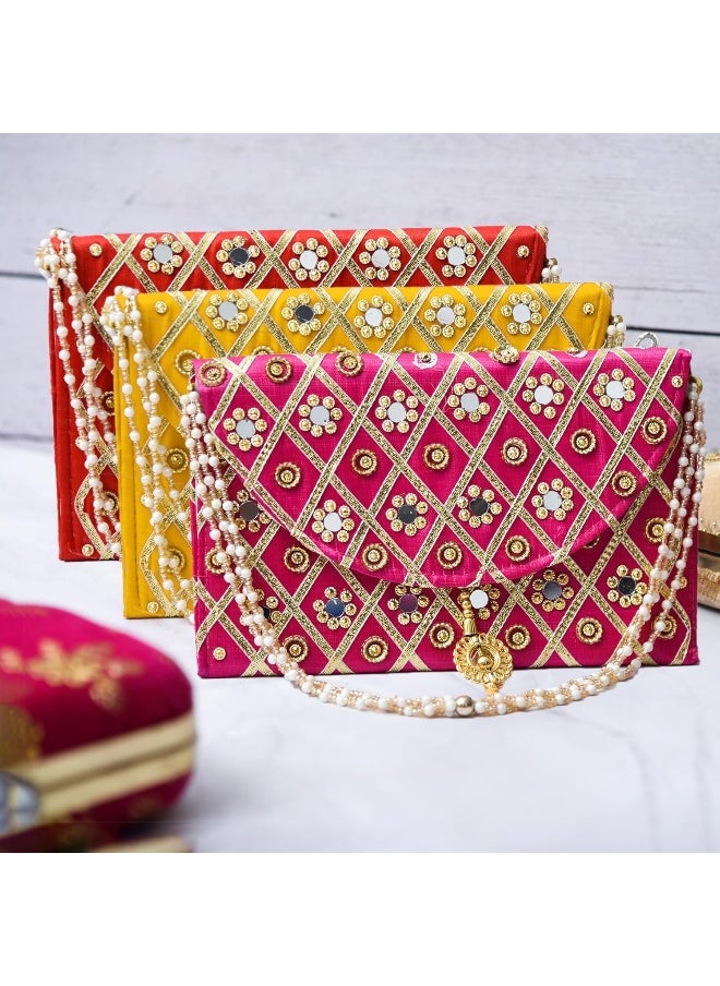 Kuber Industries Clutch Purse | Hand Purse | Ladies Hand Purse with Handle | Traditional Shagun Purse | Baby Shower Purse | Gifting Clutch Purse | Mirror Check Purse | Pack of 3 | Multicolor