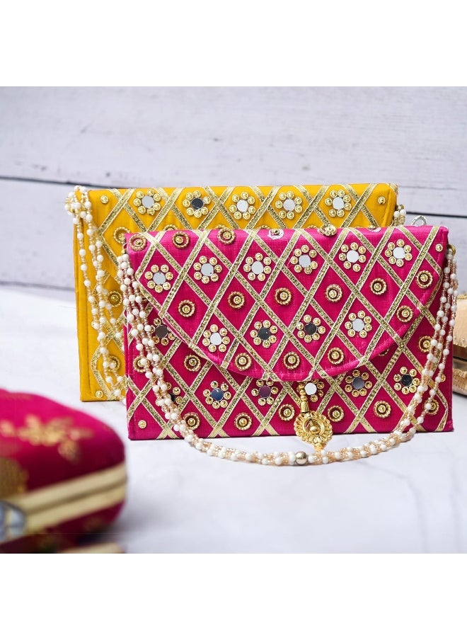 Kuber Industries Clutch Purse | Hand Purse | Ladies Hand Purse with Handle | Traditional Shagun Purse | Baby Shower Purse | Gifting Clutch Purse | Mirror Check Purse | Pack of 2 | Multicolor