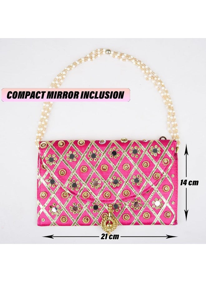 Kuber Industries Clutch Purse | Hand Purse | Ladies Hand Purse with Handle | Traditional Shagun Purse | Baby Shower Purse | Gifting Clutch Purse | Mirror Check Purse | Pack of 2 | Multicolor