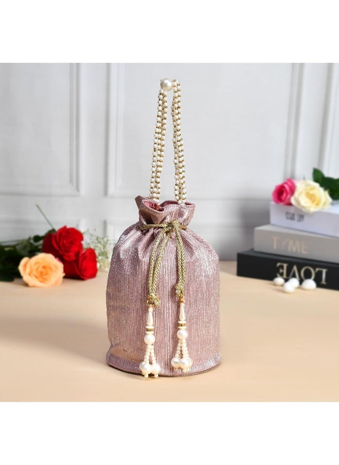 Kuber Industries Potli | Polyester Wedding Potli | Beads Handle Potli | Wallet Potli for Woman | Christmas Gift Potli | Baby Shower Potli | Metallic Shining Potli | Pink