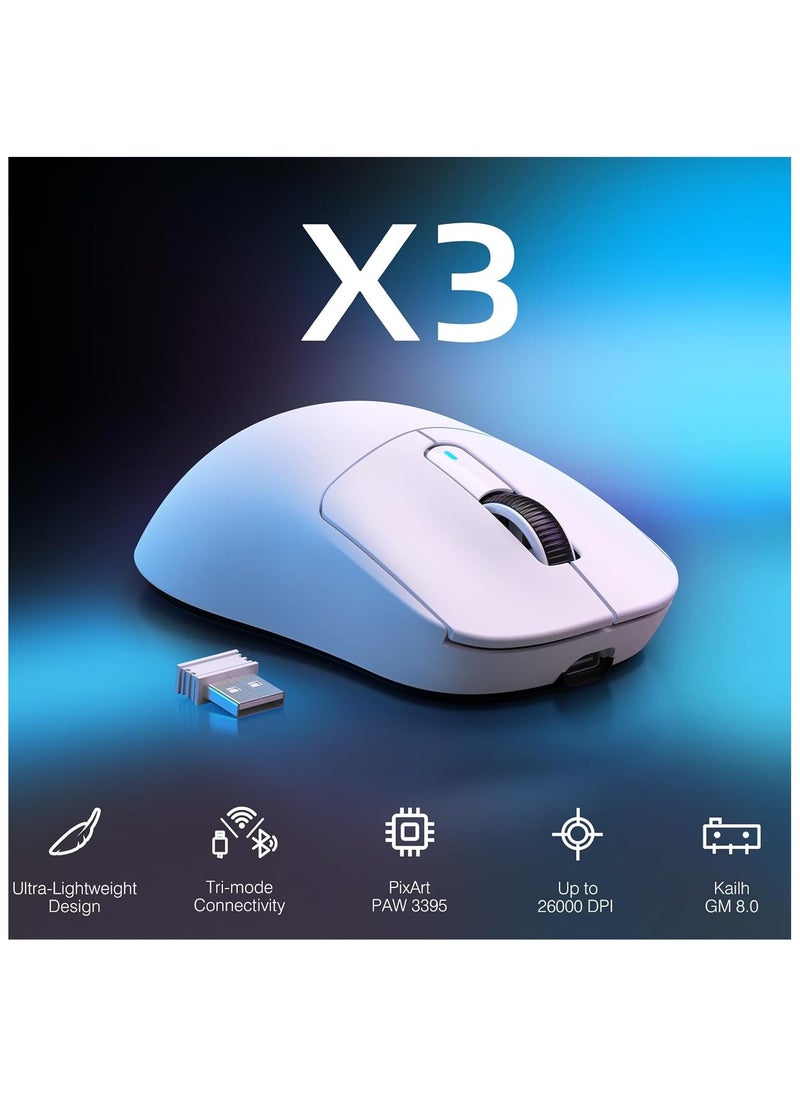 ATTACK SHARK X3 Wireless Gaming Mouse, 49g Ergonomic Computer Mouse, Triple Modes PAW3395 26K DPI Optical Sensor, 200h Battery Life, Programmable Buttons, Gaming Accessories for PC/Laptop/Mac (White)
