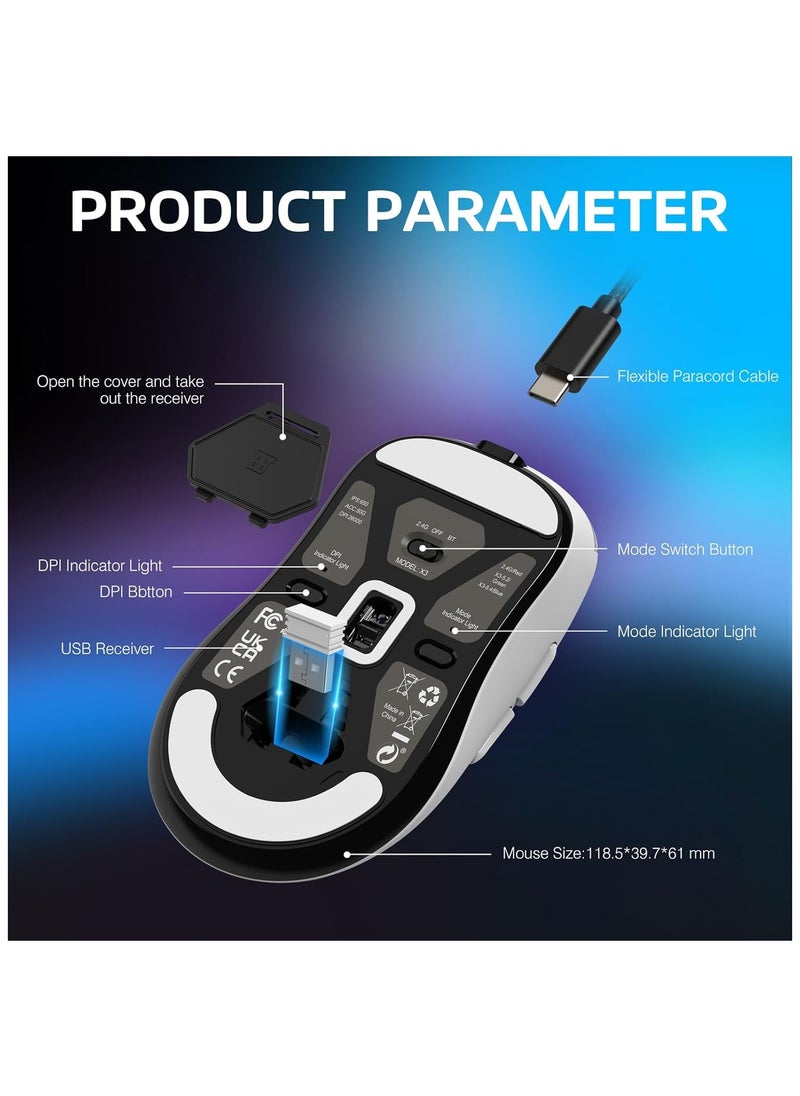 ATTACK SHARK X3 Wireless Gaming Mouse, 49g Ergonomic Computer Mouse, Triple Modes PAW3395 26K DPI Optical Sensor, 200h Battery Life, Programmable Buttons, Gaming Accessories for PC/Laptop/Mac (White)