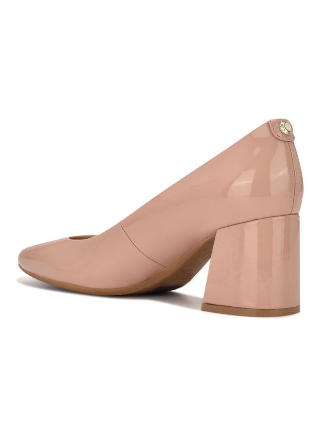 Square Toe Slip-On Block Heel Pumps Beige