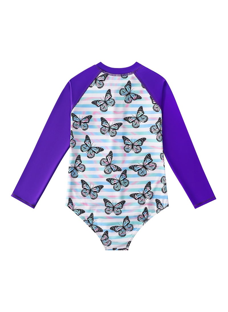 Long Sleeve One Piece Beach Swimsuit Pruple/White
